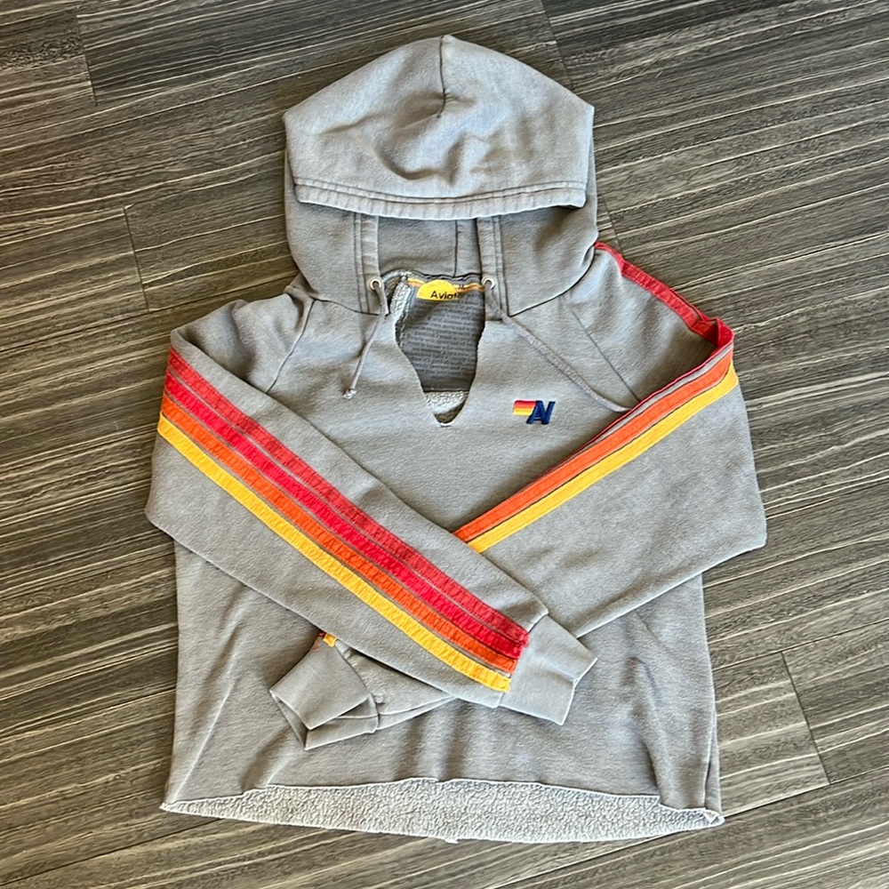 Aviator Nation 5 Stripe Relaxed Cropped Pullover Hoodie